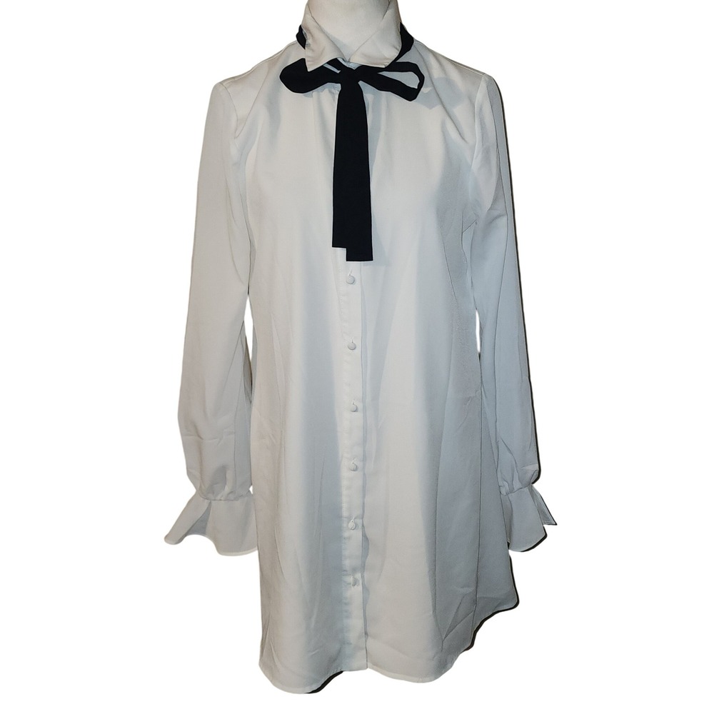 Tularosa White Button Down Bow Tie Mod Tunic Dress Bell Cuff Long Sleeve Size S